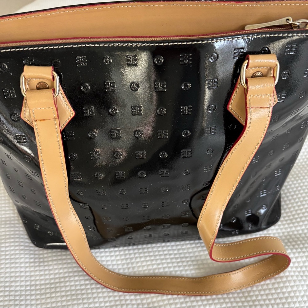 Arcadia Black Patent Tote with Tan Straps